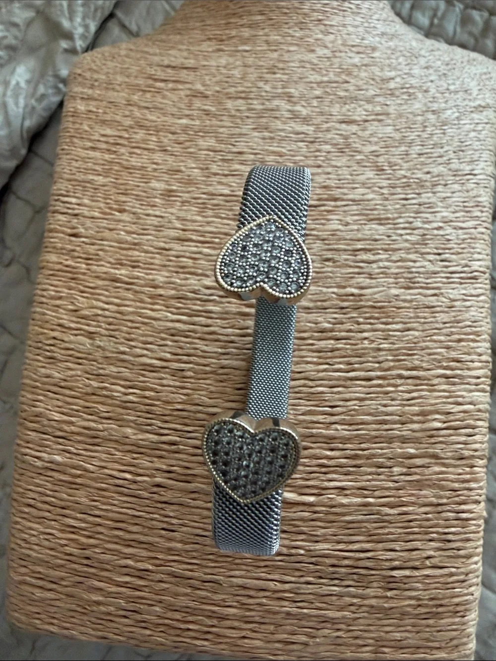 Bracelet two hearts with pave crystals silver mesh finish cuff style